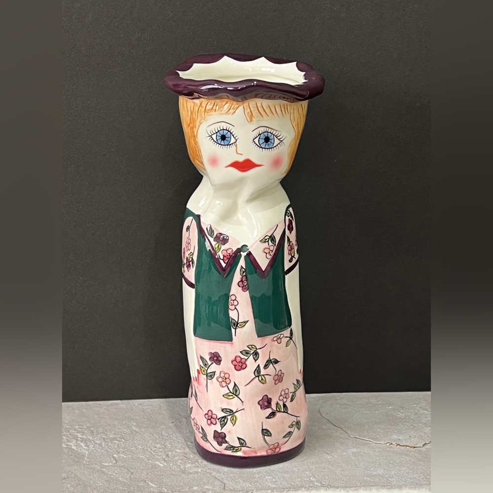 Bella Casa Lady Face Tall Hand Painted Vase Blonde “Hilary” Purple Green Sweater